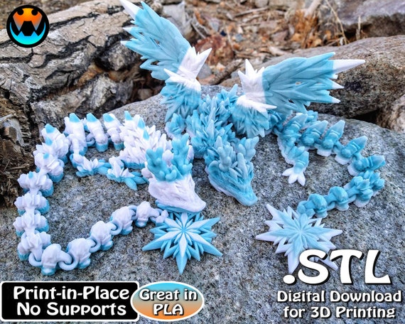 Winter Dragon STL Print Files, Articulating Flexi Wiggle Pet, Print in Place