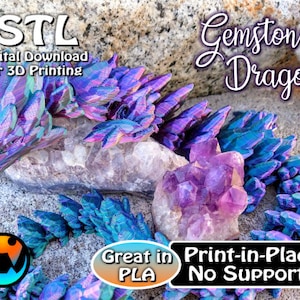 Gemstone Dragon STL Print Files, Articulating Flexi Wiggle Pet, Print in Place