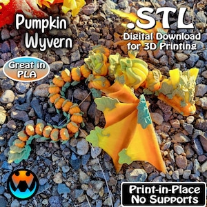 Pumpkin Wyvern STL Print Files, Articulating Flexi Wiggle Pet, Print in Place