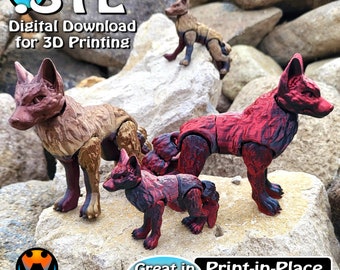 Cinder Wolf STL Print Files, Articulating Flexi Wiggle Pet, Print in Place