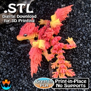 May include: A 3D printed model of a small, red and yellow dragon with wings. The dragon is posed with its wings spread out and its tail curled up. The model is printed in a single piece and does not require supports. The text "STL Digital Download for 3D Printing" is visible in the image. The text "Great in PLA Print-in-Place No Supports" is also visible in the image.