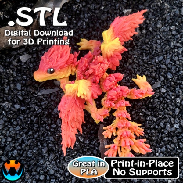 Baby Phoenix Dragon STL Print Files, Articulating Flexi Wiggle Pet, Print in Place