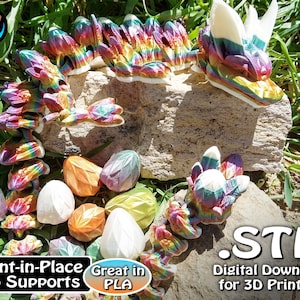 May include: A 3D printed rainbow dragon with a curled tail and a set of 3D printed eggs. The text on the image reads "Print-in-Place No Supports Great in PLA .STL Digital Download for 3D Printing".