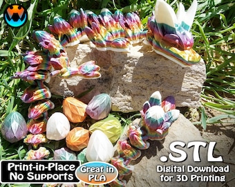 Puede incluir: Un dragón arcoíris impreso en 3D con una cola enroscada y un conjunto de huevos impresos en 3D. El texto en la imagen dice "Print-in-Place No Supports Great in PLA .STL Digital Download for 3D Printing".