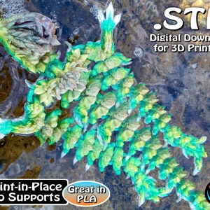 May include: A 3D printed model of a green and white creature with a spiky, textured surface. The model is printed in place and does not require supports. The text "STL Digital Download for 3D Printing" is visible in the image. The text "Print-in-Place No Supports Great in PLA" is also visible in the image.