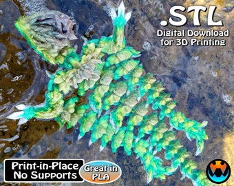 May include: A 3D printed model of a green and white creature with a spiky, textured surface. The model is printed in place and does not require supports. The text "STL Digital Download for 3D Printing" is visible in the image. The text "Print-in-Place No Supports Great in PLA" is also visible in the image.