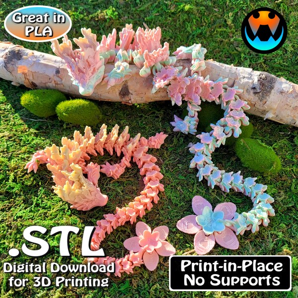 2Pcs 3D Printed Dragon Set - Articulated Cherry Blossom Crystal Dragon Models