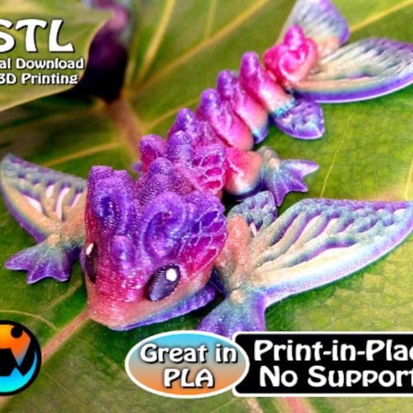 Tiny Butterfly Wyvern, Cinderwing3D, STL file for 3D Printing, STL Print Files, Articulating Flexi Wiggle Pet, Print in Place, Bambulabs 3mf