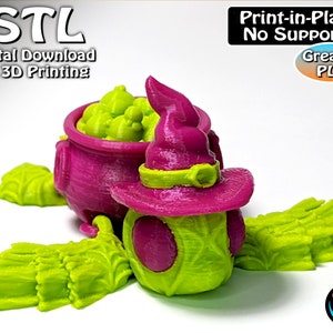 Puede incluir: Una figura de bruja impresa en 3D con un caldero lleno de esferas verdes, que lleva un sombrero morado con una banda verde. La figura está impresa en un esquema de color verde brillante y morado. El texto "STL Descarga digital para impresión 3D" es visible en la esquina superior izquierda de la imagen. El texto "Impresión en su lugar Sin soportes Excelente en PLA" es visible en la esquina superior derecha de la imagen.
