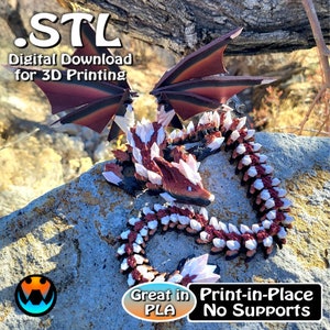 Puede incluir: Un modelo impreso en 3D de un dragón rojo y blanco con escamas de cristal. El dragón está enroscado con las alas extendidas. El texto "STL Descarga digital para impresión 3D" está en la parte superior de la imagen. El texto "Excelente en PLA Impresión en el lugar Sin soportes" está en la parte inferior de la imagen.