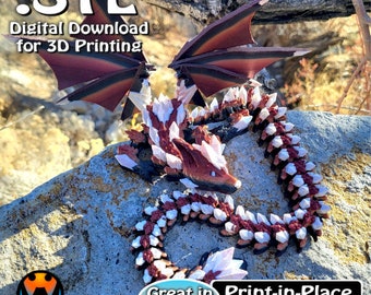 Crystal Wolf Dragon Cinderwing3D, STL file for 3D Printing,, STL Print Files, Articulating Flexi Wiggle Pet, Print in Place