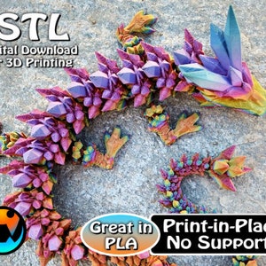 Crystal Dragon Cinderwing3D, STL file for 3D Printing,, STL Print Files, Articulating Flexi Wiggle Pet, Print in Place