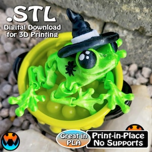 Peut inclure: Une grenouille verte portant un chapeau de sorcière noir est assise dans un chaudron jaune. La grenouille a des yeux noirs et un motif d'araignée sur le dos. Le texte sur l'image est '.STL Téléchargement numérique pour l'impression 3D Excellent en PLA Impression en place Sans supports'.