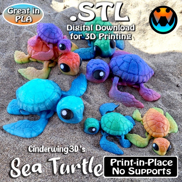 Sea Turtle, Cinderwing3D, STL file for 3D Printing, STL Print Files, Articulating Flexi Wiggle Pet, Print in Place