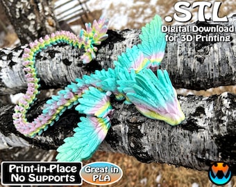 May include: A 3D printed, turquoise and pink dragon with feathered wings. The dragon is posed on a tree branch. The text "STL Digital Download for 3D Printing" is above the dragon. The text "Print-in-Place No Supports Great in PLA" is below the dragon.