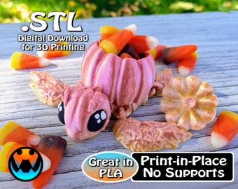 May include: A 3D printed pink pumpkin shaped candy dish with a gold flower and leaves. The dish is filled with candy corn. The text "STL Digital Download for 3D Printing" is at the top of the image. The text "Great in PLA Print-in-Place No Supports" is at the bottom of the image.
