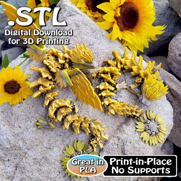 Sunflower Dragon Dragon STL Print Files, Articulating Flexi Wiggle Pet, Print in Place