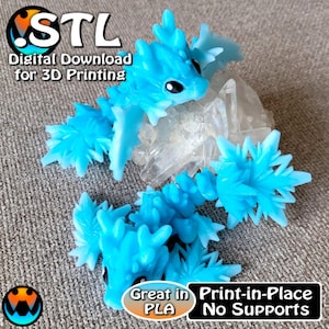 May include: Three blue 3D printed dragon figurines with spiky details. The text "STL Digital Download for 3D Printing" is in the top left corner. The text "Great in PLA Print-in-Place No Supports" is in the bottom right corner.