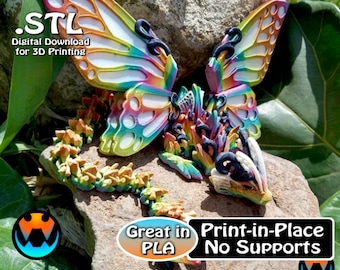 May include: A 3D printed model of a colorful butterfly with intricate details. The butterfly is printed in a rainbow of colors and has a black and white design on its wings. The model is printed in place and does not require supports. The text "STL Digital Download for 3D Printing" is visible in the image. The text "Great in PLA Print-in-Place No Supports" is also visible in the image.