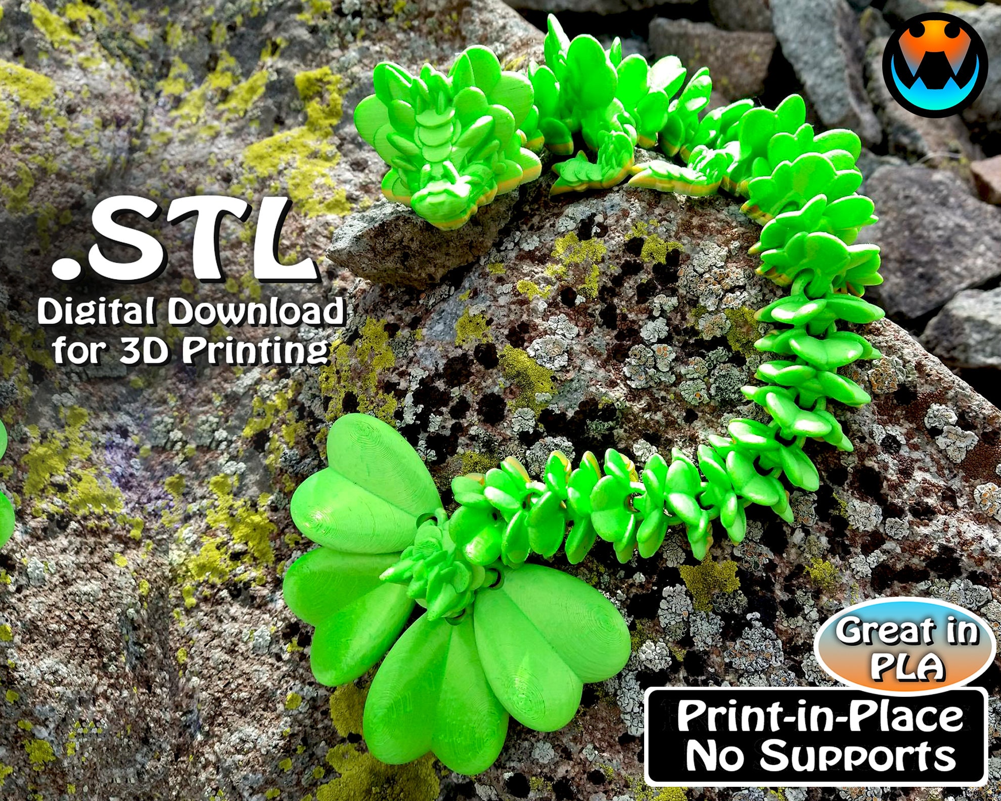 Clover Dragon, Cinderwing3D, STL file for 3D Printing, STL Print Files, Articulating Flexi Wiggle Pet, Print in Place