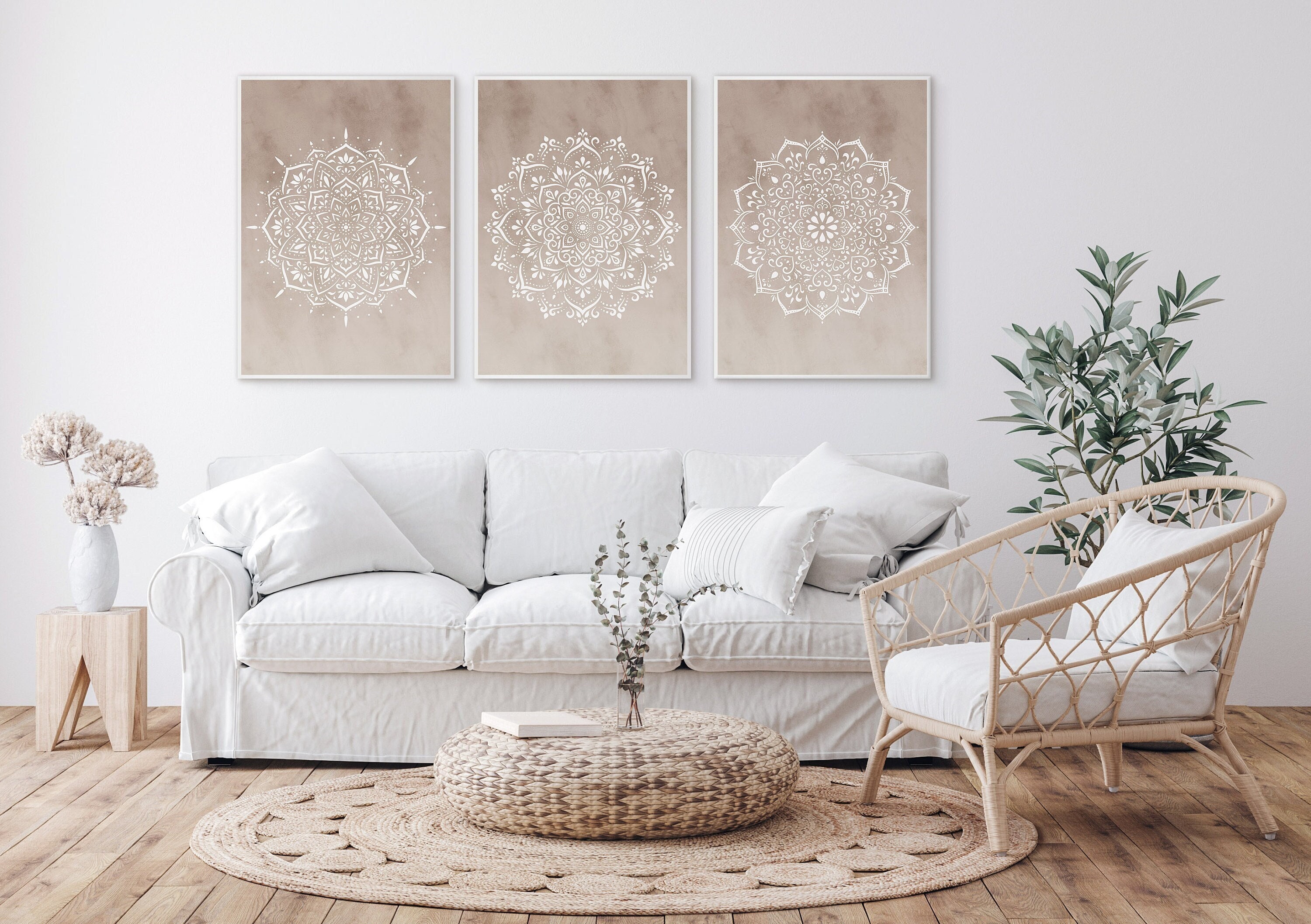 Large Beige Mandala Wall Art Set of 3 Prints, Printable Boho Wall Decor ...