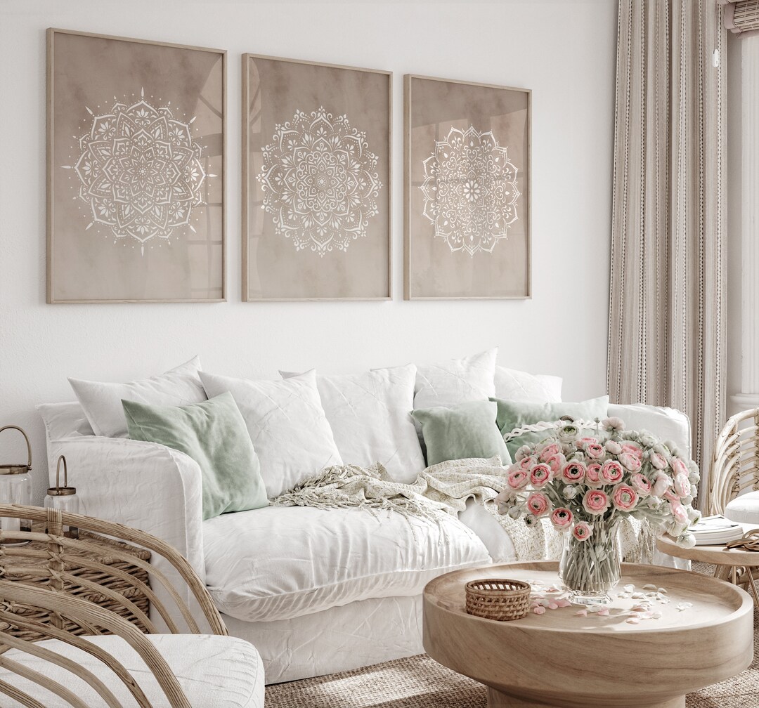 Large Beige Mandala Wall Art Set of 3 Prints, Printable Boho Wall Decor ...