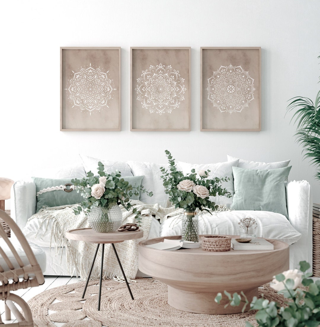 Large Beige Mandala Wall Art Set of 3 Prints, Printable Boho Wall Decor ...