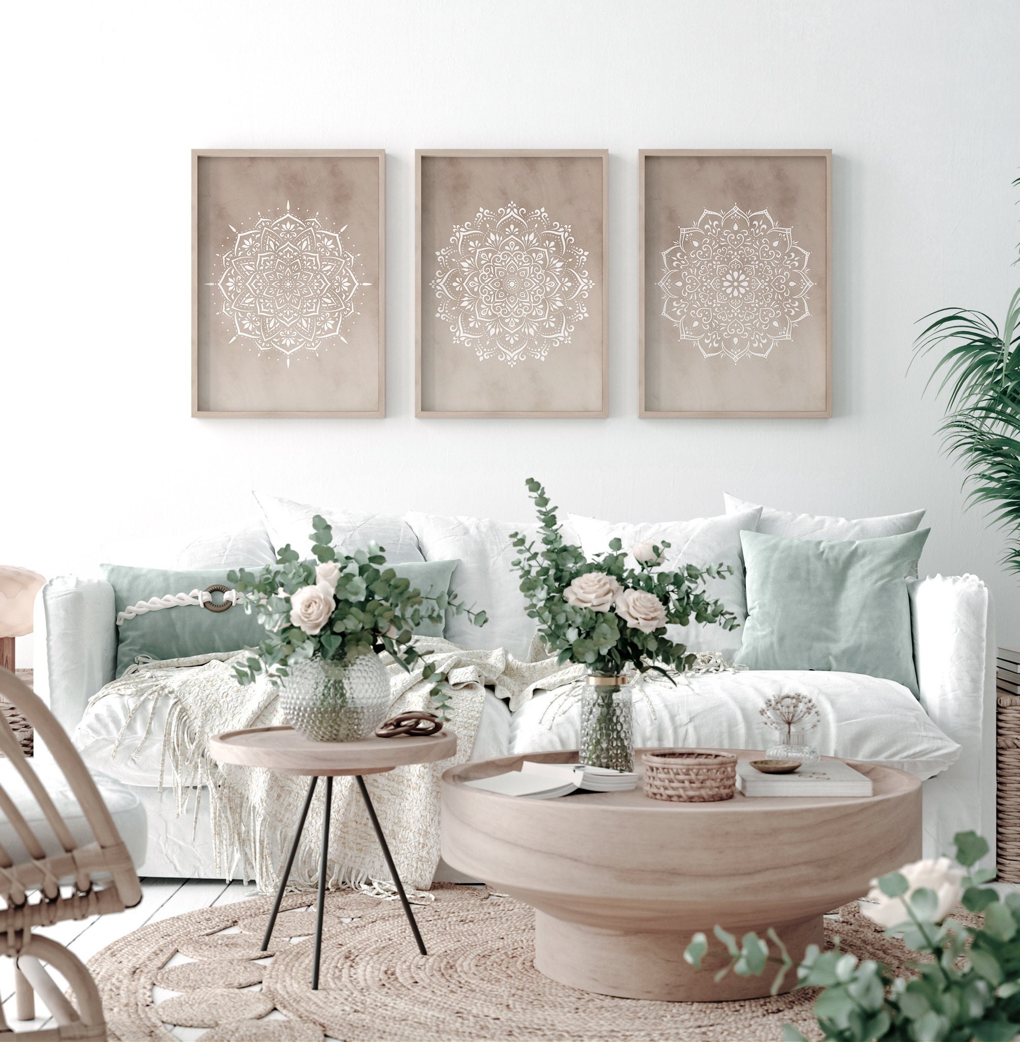 Large Beige Mandala Wall Art Set of 3 Prints, Printable Boho Wall Decor ...