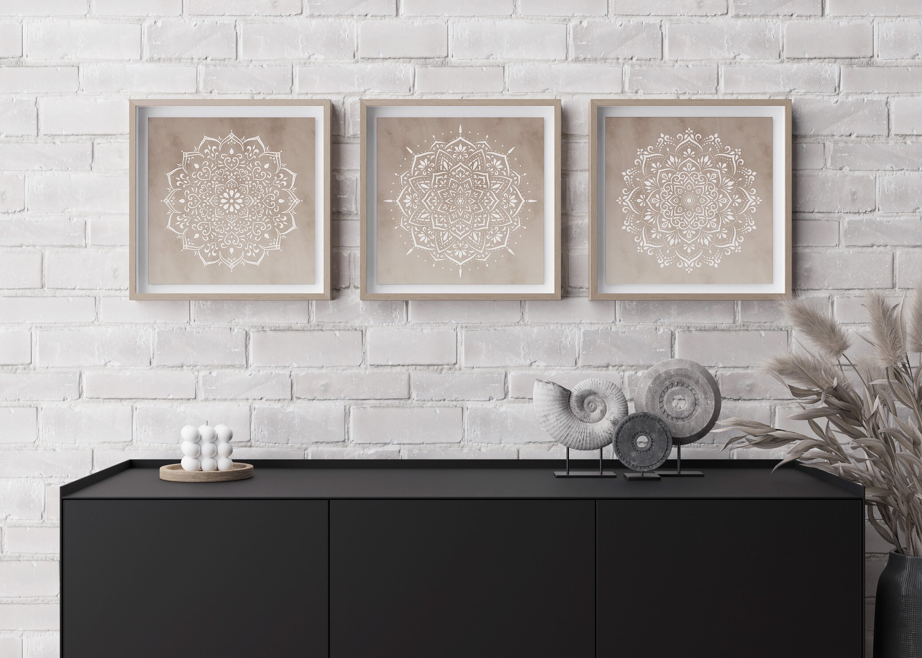 Large Beige Mandala Wall Art Set of 3 Prints, Printable Boho Wall Decor ...