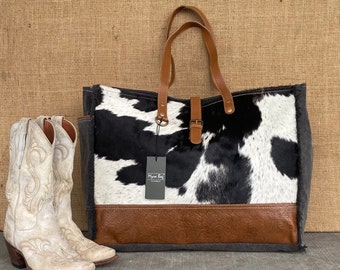 Large Weekender Tote Bag Vacation Bag Southwest Cowhide, Cowhide Travel Bag Beach Bag