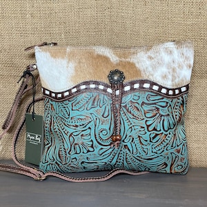 Myra Bag Teal Cowhide Western Bag Crossbody Purse Handbag – Leather, Cowhide and Canvas