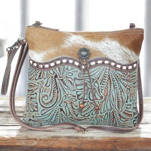Myra Bag Teal Cowhide Western Bag Crossbody Purse Handbag – Leather, Cowhide and Canvas