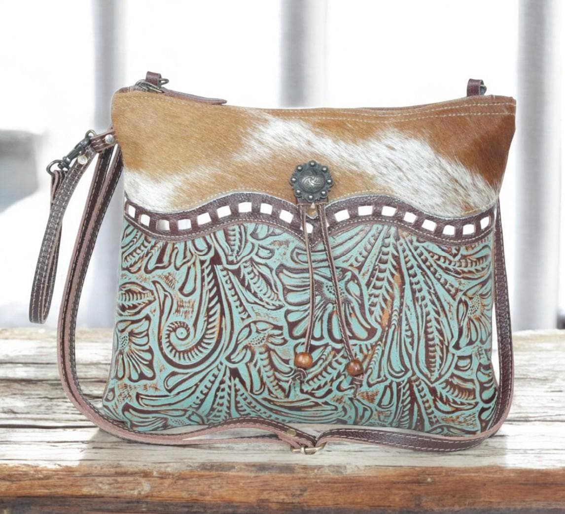Myra Bag Handmade Padauk Hand Tooled Bag Upcycled Canvas & Cowhide Leather Amazon.com: Myra Bag Dual Strap Cowhide & Upcycled Canvas  main image 4