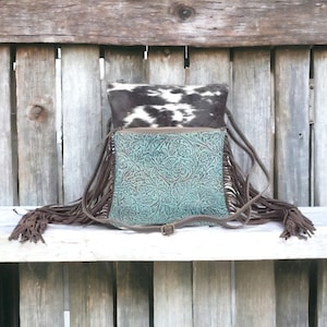 Myra Bag Teal Cowhide Western Bag Crossbody Purse Handbag – Leather, Cowhide and Fringe