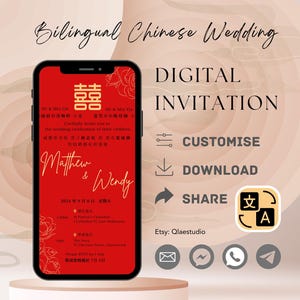 Elegant Chinese Wedding Invites | Customizable Canva Template | Traditional Double Happiness Design