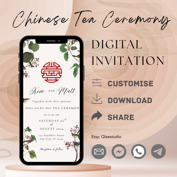 Modern Elegant Chinese Tea Ceremony Digital Wedding Invitation - Instant Download