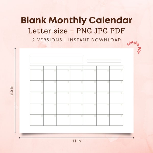 8.5 x 11 Inch Blank Calendar Page Template, INSTANT DOWNLOAD, Includes 5 week and 6 week design, Monthly Printable Calendar Print Ready