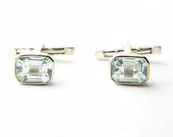 Natural AAA Quality Aquamarine Cuff Link In 925 Sterling Silver