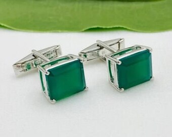 Precious Green Emerald Gift Cuff-links In 925 Sterling Silver