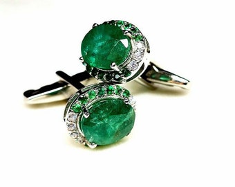 Emerald and moissanite Diamond Cufflinks set in 925 Silver, Precious Gemstone Cufflinks, Gift for Him, Green Emerald Accessory for Men