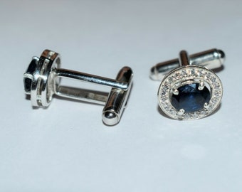 925 Sterling Silver Gemstone Blue Sapphire Men's Cufflink Jewelry, Mens Jewelry, Groom gift ,Something blue Free Gift Box
