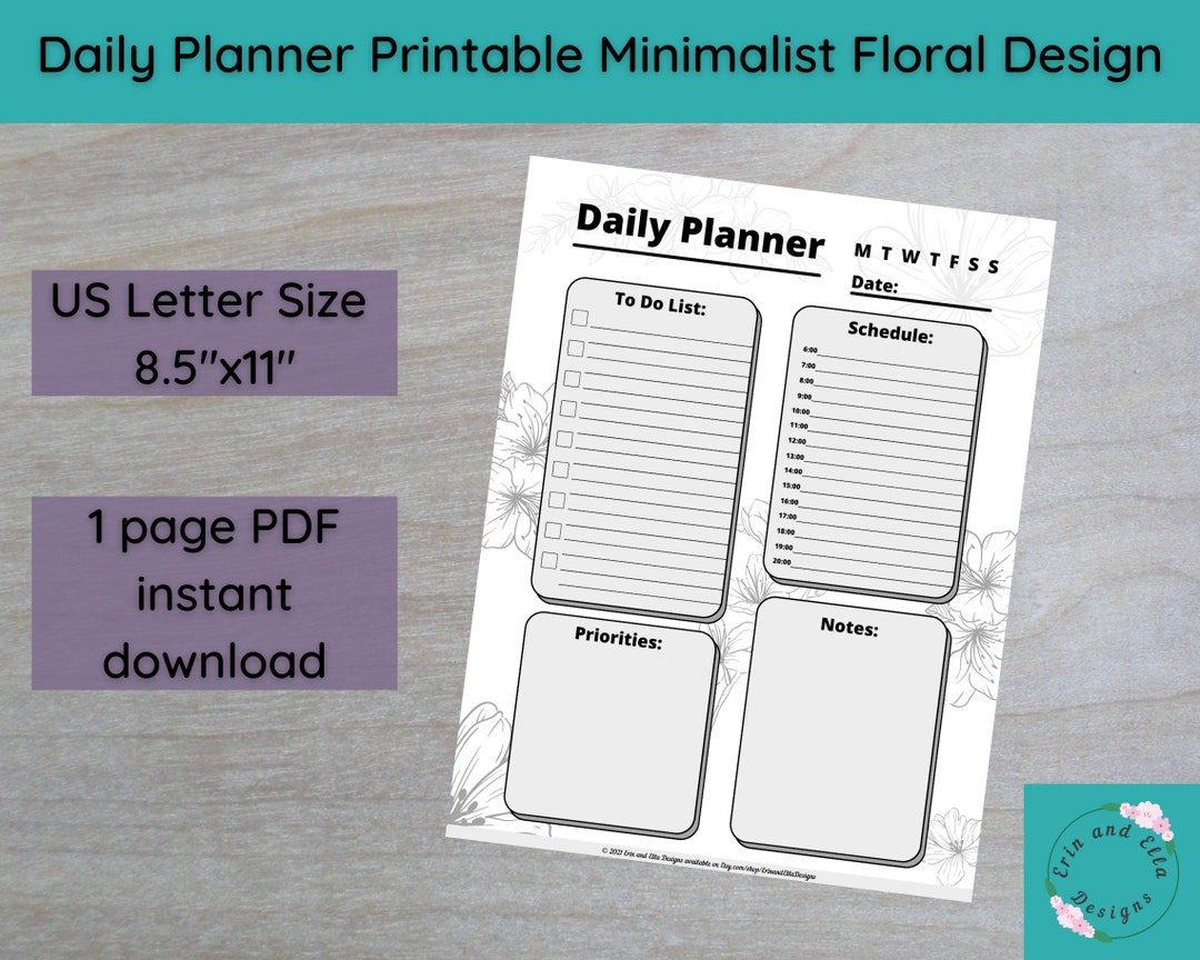 Daily Planner Printable Minimalist Floral Design - Etsy