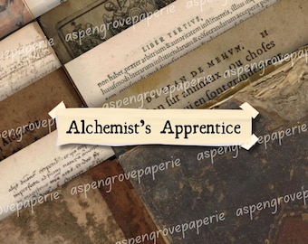 May include: A close-up of a vintage book with the title "Alchemist's Apprentice" printed on a cream-colored label. The book is surrounded by other vintage pages with text and illustrations.