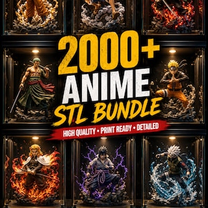 Op de afbeelding: Een promotieafbeelding met anime-personagefiguren in individuele glazen vitrines. De afbeelding toont de tekst "2000+ ANIME STL BUNDLE" met de toevoeging "HIGH QUALITY, PRINT READY, DETAILED". Pictogrammen voor STL-bestanden, printklaarheid en hoge kwaliteit zijn ook aanwezig.