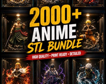 Könnte beinhalten: Werbebild mit Anime-Charakterfiguren in einzelnen Glasvitrinen. Der Text "2000+ ANIME STL BUNDLE" ist prominent platziert, ergänzt durch die Hinweise "HIGH QUALITY, PRINT READY, DETAILED". Symbole für STL-Dateien, Druckbereitschaft und hohe Qualität sind ebenfalls zu sehen.