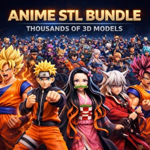 Può includere: Un'illustrazione digitale che promuove un Anime STL Bundle. L'immagine presenta una folla di personaggi anime dai colori vivaci. Il testo "ANIME STL BUNDLE" e "THOUSANDS OF 3D MODELS" sono visualizzati in alto.