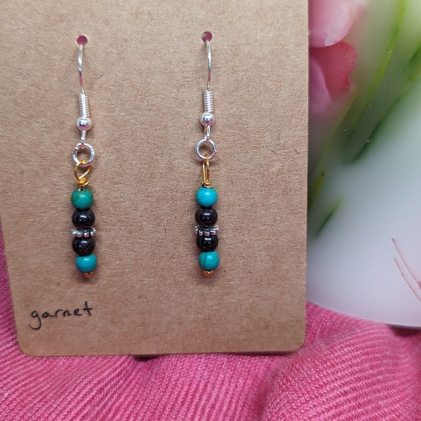 Garnet and teal magnetite dangle earrings