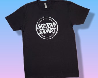 Sketchy Sounds Logo T-Shirt. Black shirt with white graphic. Sizes XS - 2XL available.