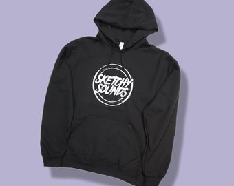 Sketchy Sounds Logo Hoodie Sweatshirt. Black shirt with white graphic. Sizes S - 2XL available.