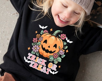 Trick Or Treat Sweatshirt, Halloween Sweater, Fall Retro Kids Shirt, Funny Halloween Shirt, Cute Toddler Pumpkin Hoodie, Happy Halloween Tee